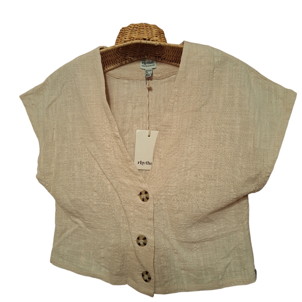 Rhythm Lulus Florida Cropped Cotton V-Neck Blouse Ladies Large 12 NWT GAUZY TAN